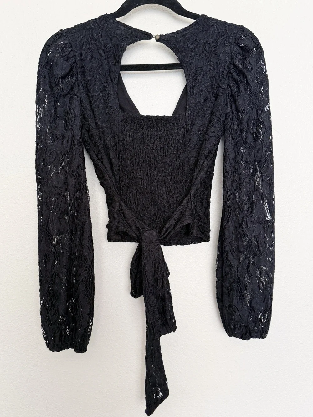 By Anthropologie Balloon-Sleeve Black Lace Tie Waist Blouse Size XS